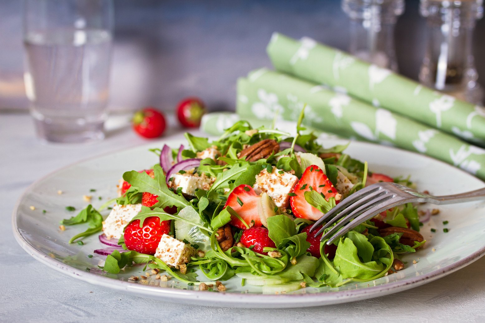 Strawberry and feta cheese salad. Healthy diet summer food