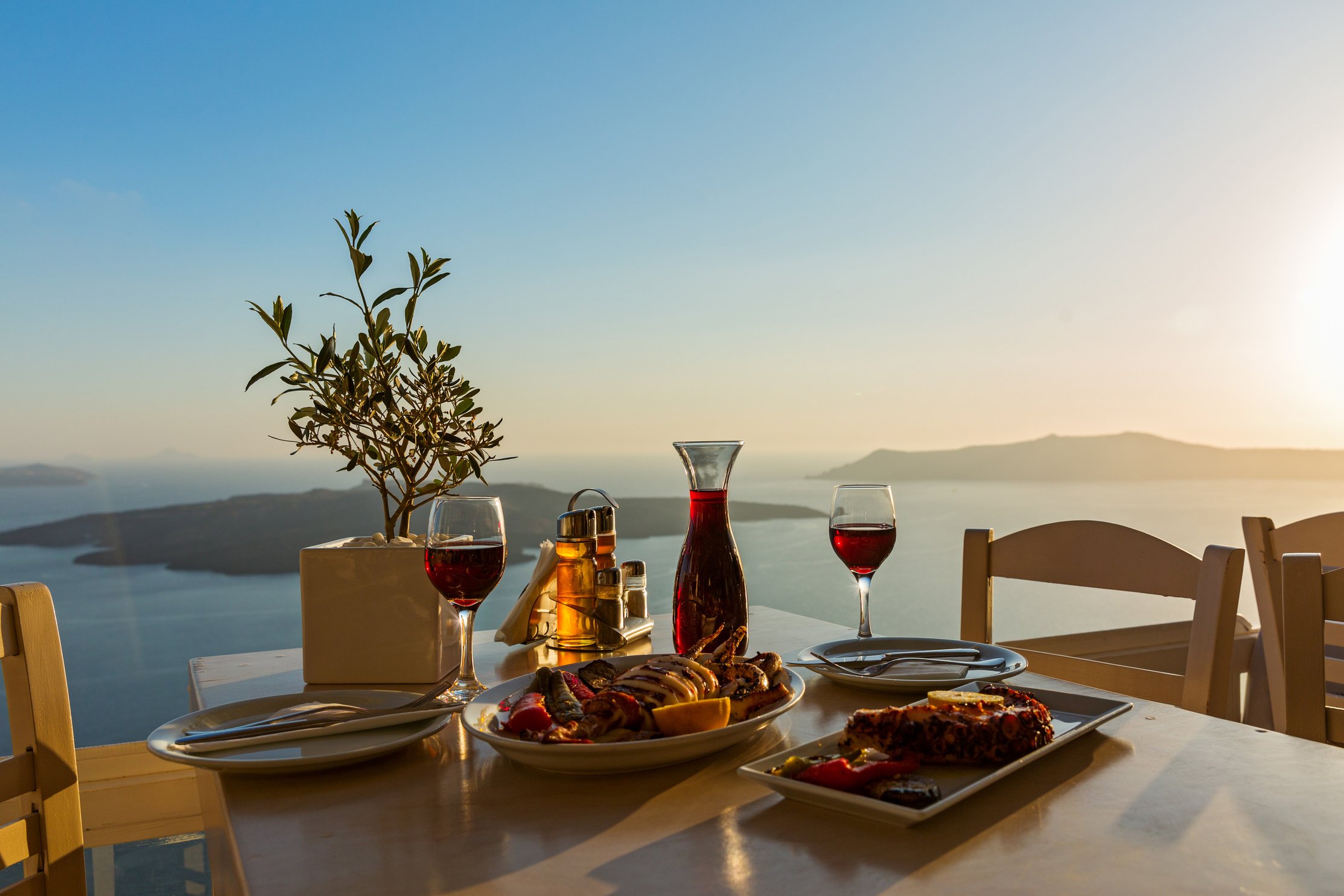 Dinner with seafood and red wine